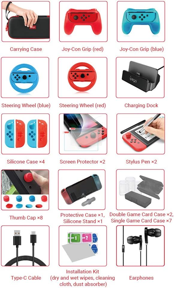iPega Switch Accessories Bundle 36 in 1 Essential Kit with Joy-Con Grip Steering Wheel Screen Protector Earphones Compatible with N-Switch/N-Switch Lite iPega Switch Accessories Bundle 36 in 1 Essential Kit with Joy-Con Grip Steering Wheel Screen Protector Earphones Compatible with N-Switch/N-Switch Lite